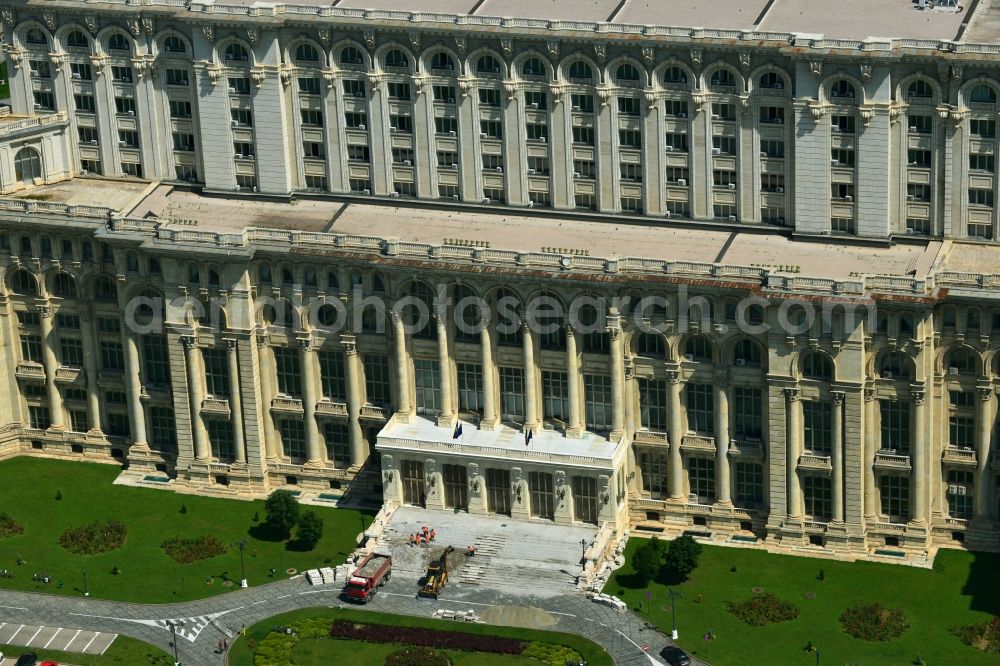 Bukarest from above - View of the building Palace of the People in Bucharest, Romania. The magnificent building at the same time used as the parliamentary seat is built in real-socialist, Stalinist embossed power architecture and also houses the National Museum of Contemporary Art