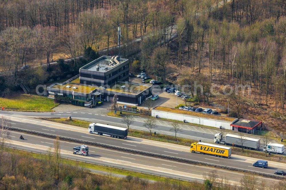 Mülheim an der Ruhr from above - Building complex of the police Autobahnpolizeiwache Muelheim on BAB 3 in Muelheim on the Ruhr in the state North Rhine-Westphalia, Germany