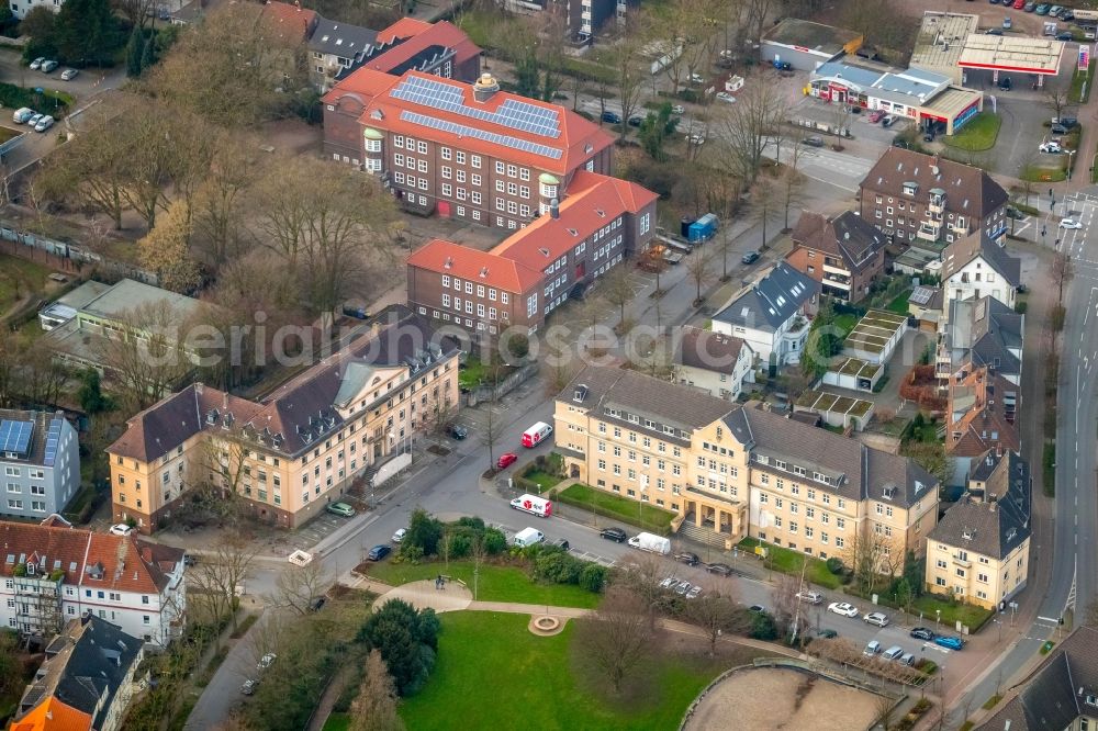 Aerial photograph Gladbeck - Building complex of the police Gladbeck and of kreativAmt GbR on Jovyplatz in Gladbeck in the state North Rhine-Westphalia, Germany