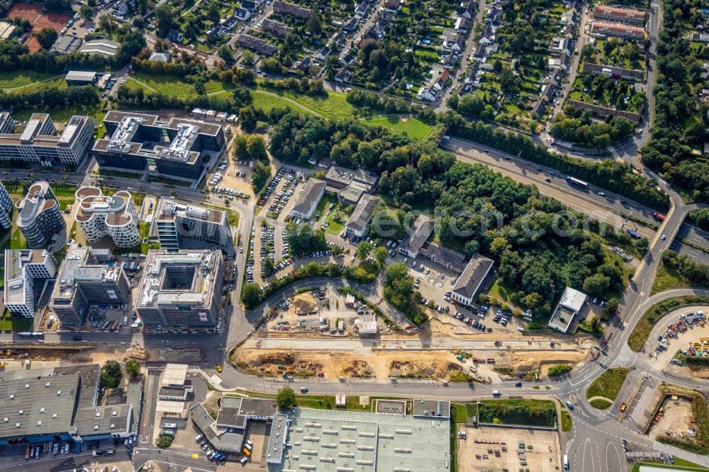 Düsseldorf from the bird's eye view: Building complex of the police with einer Strassen - Baustelle on Flughafenstrasse in Duesseldorf at Ruhrgebiet in the state North Rhine-Westphalia, Germany