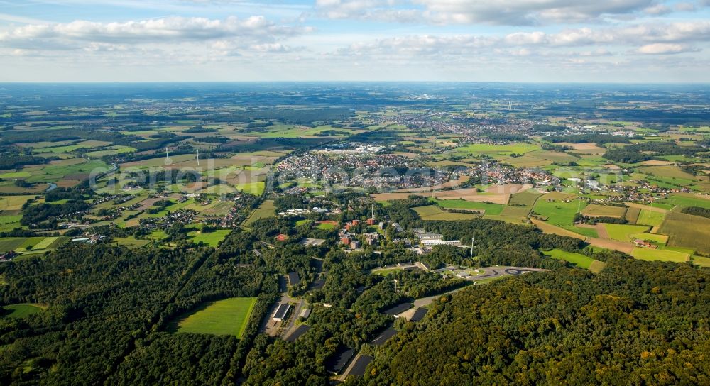 Selm from above - Building complex of the police in Selm in the state North Rhine-Westphalia. On the site of the car park a tent city has emerged as asylum reception centers and refugee accommodation