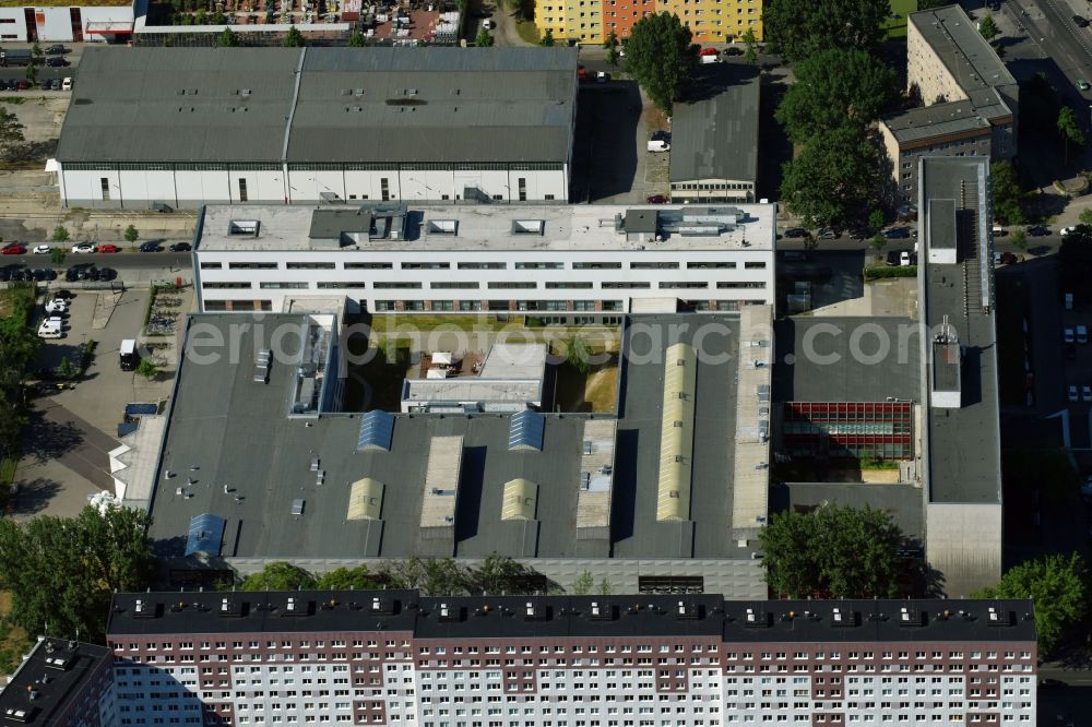 Aerial image Berlin - Publishing house complex of the press and media house Neues Deutschland at the Franz-Mehring-Platz in the district Friedrichshain in Berlin, Germany. The building also houses the Rosa Luxemburg Foundation - Society Analysis and Political Education e. V