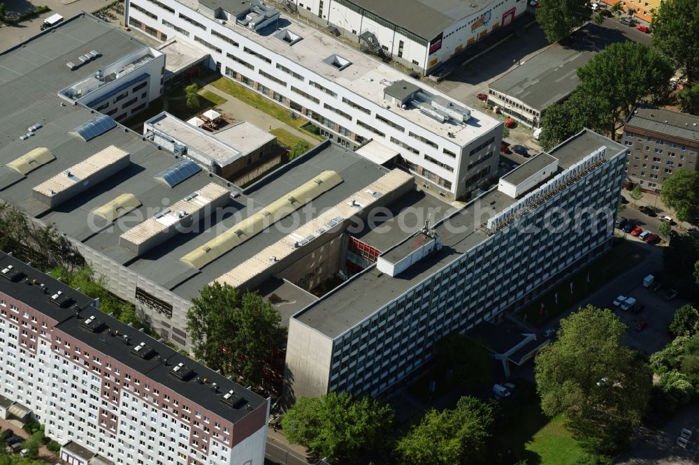 Berlin from above - Publishing house complex of the press and media house Neues Deutschland at the Franz-Mehring-Platz in the district Friedrichshain in Berlin, Germany. The building also houses the Rosa Luxemburg Foundation - Society Analysis and Political Education e. V