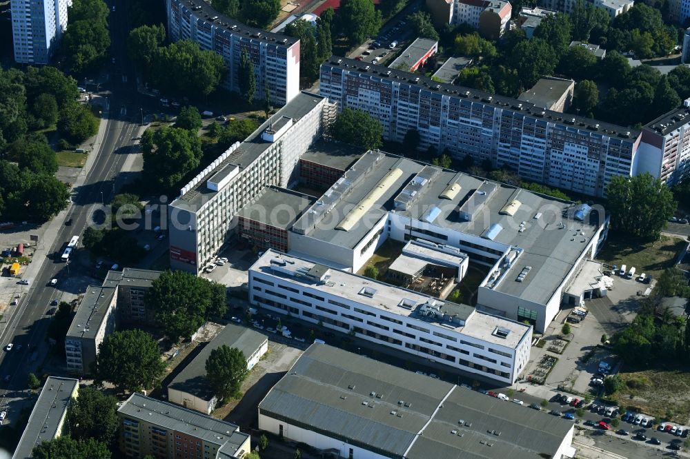 Berlin from above - Publishing house complex of the press and media house Neues Deutschland on Franz-Mehring-Platz in the district Friedrichshain in Berlin, Germany