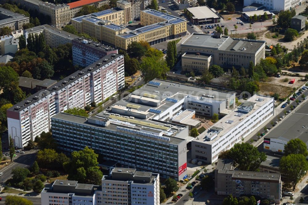 Berlin from the bird's eye view: Publishing house complex of the press and media house Neues Deutschland on Franz-Mehring-Platz in the district Friedrichshain in Berlin, Germany