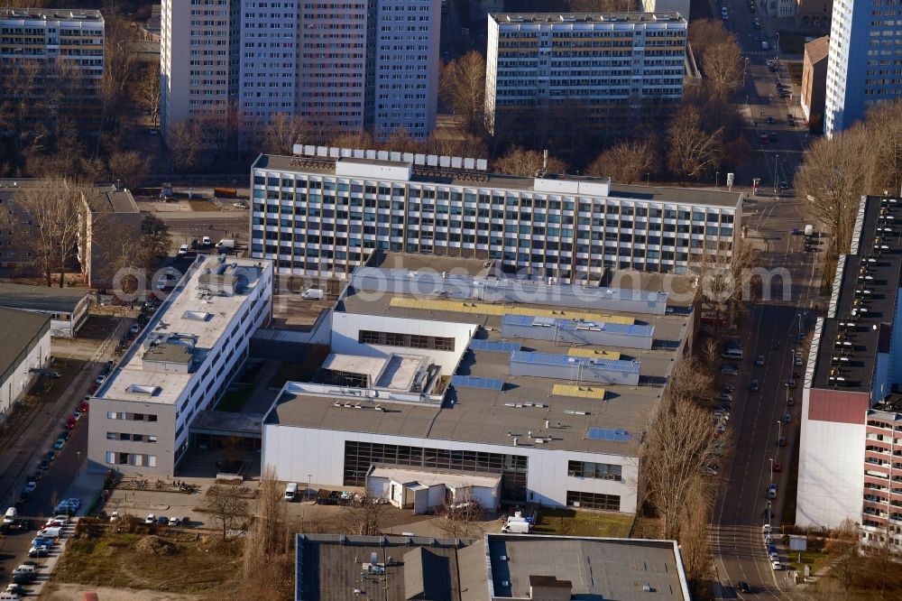 Berlin from above - Publishing house complex of the press and media house Neues Deutschland on Franz-Mehring-Platz in the district Friedrichshain in Berlin, Germany