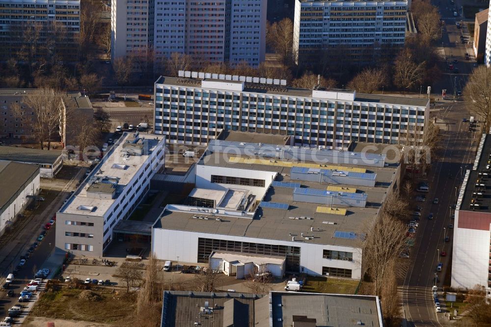 Aerial image Berlin - Publishing house complex of the press and media house Neues Deutschland on Franz-Mehring-Platz in the district Friedrichshain in Berlin, Germany