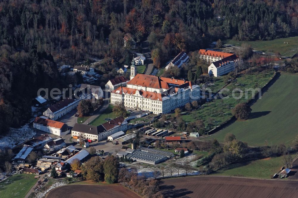 Aerial image Kloster Schäftlarn - Building complex of the Monastery in Schaeftlarn in the state Bavaria. The Benedictine abbey to the holy Dionysius and Juliana houses a Wolfgang Gerbere school with day care and boarding. Overlooking the Praelatengarten