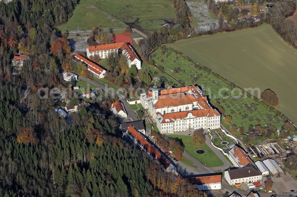 Kloster Schäftlarn from above - Building complex of the Monastery in Schaeftlarn in the state Bavaria. The Benedictine abbey to the holy Dionysius and Juliana houses a Wolfgang Gerbere school with day care and boarding. Overlooking the Praelatengarten