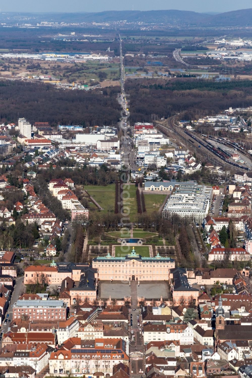 Rastatt from above - Building complex in the park of the castle Residenzschloss Rastatt in Rastatt in the state Baden-Wurttemberg, Germany