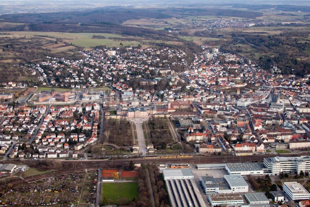 Bruchsal from above - Building complex in the park of the castle Bruchsal in Bruchsal in the state Baden-Wuerttemberg