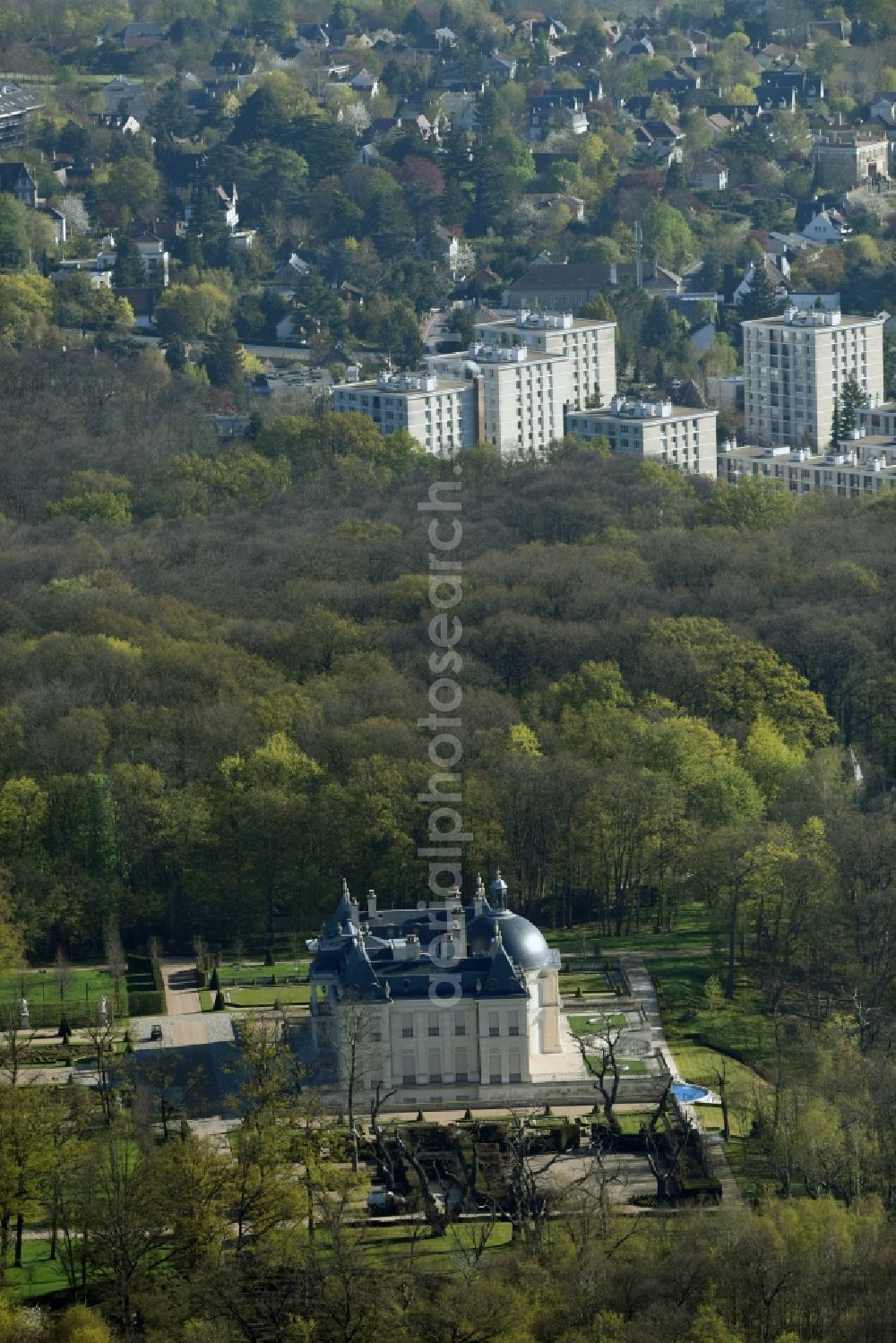 Louveciennes from above - Building complex in the park of the castle Chateau Louis XIV Sci Chemin des Gressets in Louveciennes in Ile-de-France, France