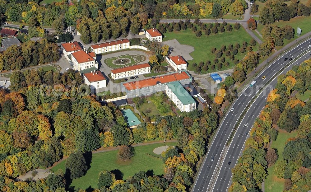 Aerial photograph München - The building complex of hunting and pleasure castle Fuerstenried with the Castle Park is located in Munich in the state Bavaria as a retreat house and school pastoral center as well as a conference venue