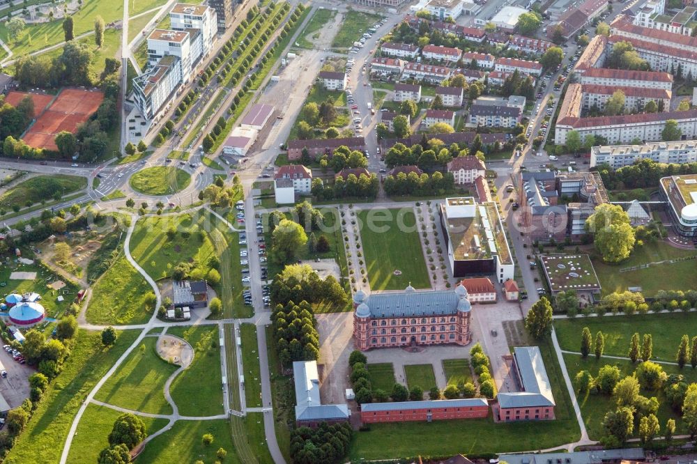 Karlsruhe from the bird's eye view: Building complex in the park of the castle Schloss Gottesaue and Otto-Dullenkopf Park in Karlsruhe in the state Baden-Wuerttemberg, Germany