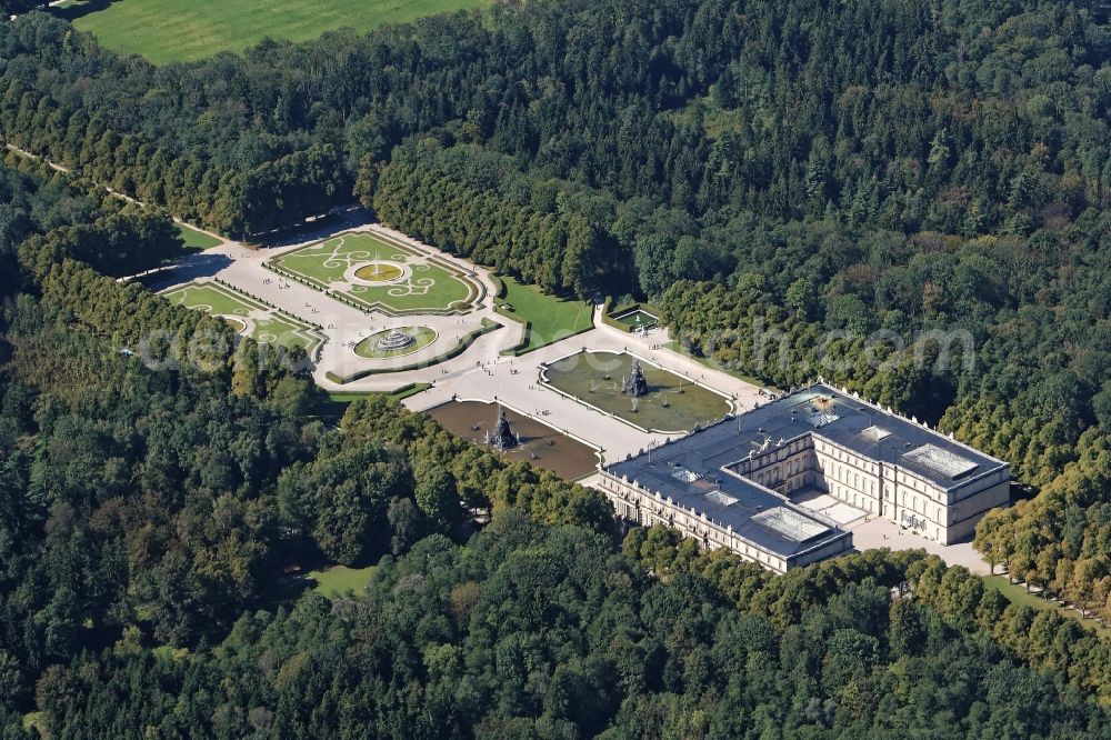 Chiemsee from above - Building complex in the park of the castle Herrenchiemsee in Chiemsee in the state Bavaria