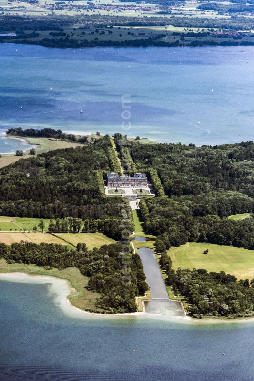 Chiemsee from above - Building complex in the park of the castle Herrenchiemsee in Chiemsee in the state Bavaria