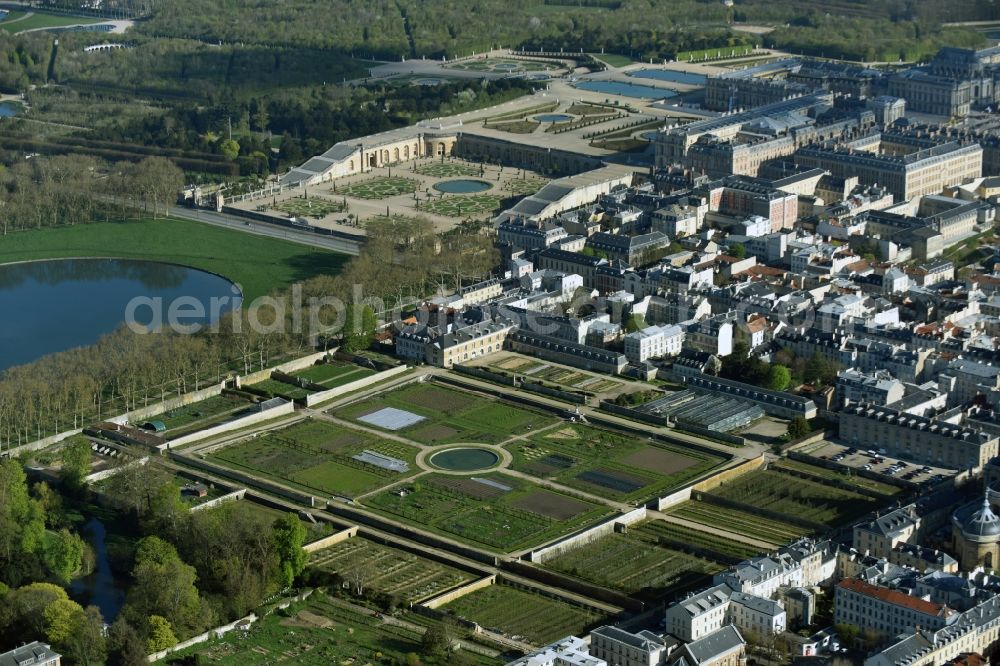 Versailles from above - Building complex in the park of the castle Schloss Versailles am Place d'Armes in Versailles in Ile-de-France, France