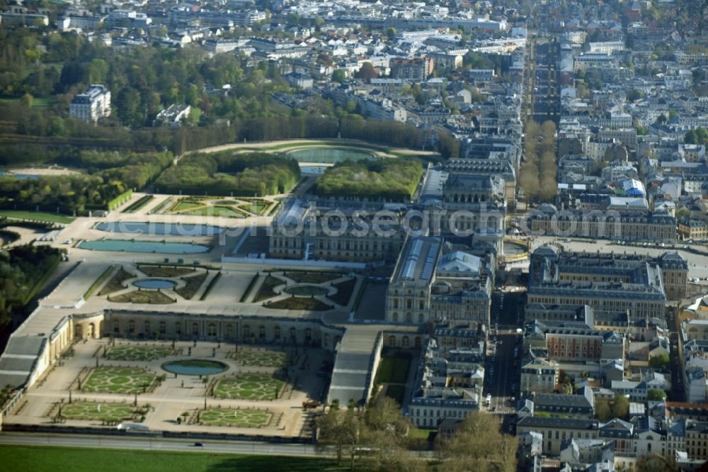 Versailles from above - Building complex in the park of the castle Schloss Versailles am Place d'Armes in Versailles in Ile-de-France, France