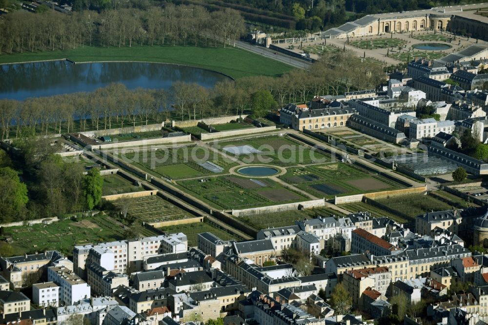 Versailles from above - Building complex in the park of the castle Schloss Versailles am Place d'Armes in Versailles in Ile-de-France, France