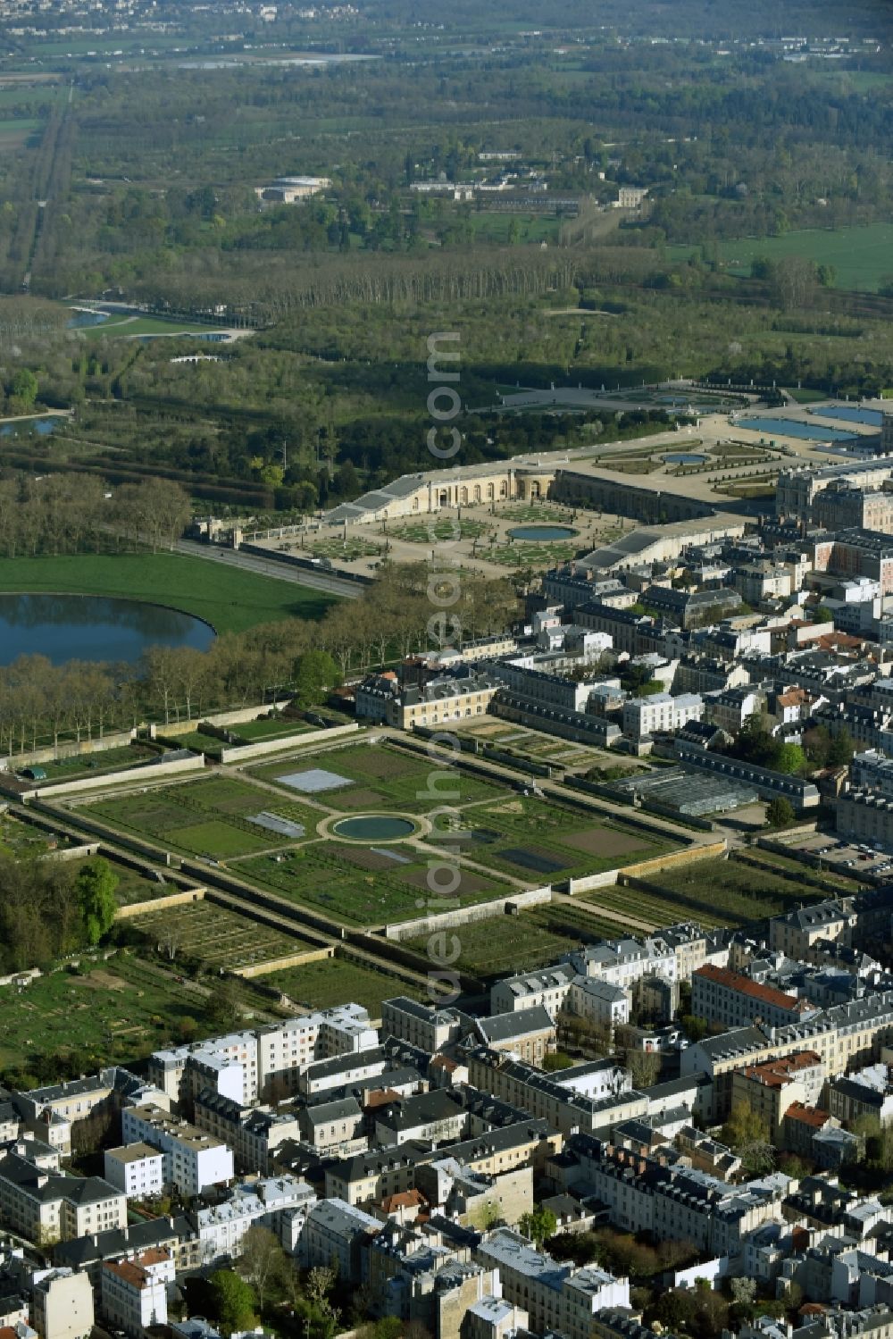 Aerial image Versailles - Building complex in the park of the castle Schloss Versailles am Place d'Armes in Versailles in Ile-de-France, France