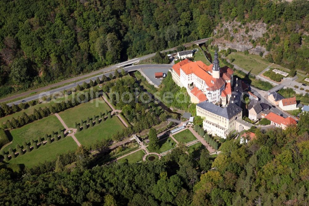 Weesenstein from above - Building complex in the park of the castle Weesenstein in Weesenstein in the state Saxony, Germany