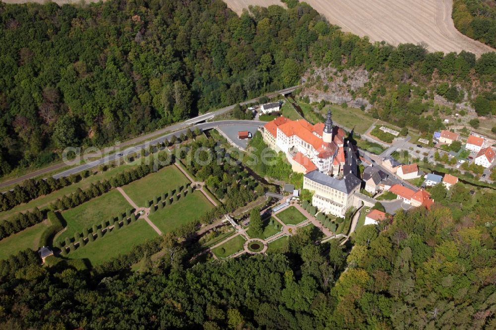 Weesenstein from the bird's eye view: Building complex in the park of the castle Weesenstein in Weesenstein in the state Saxony, Germany