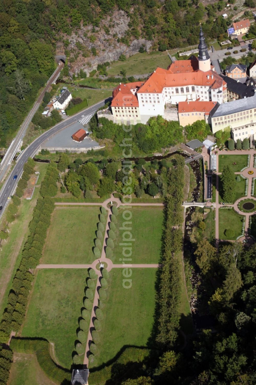 Aerial photograph Weesenstein - Building complex in the park of the castle Weesenstein in Weesenstein in the state Saxony, Germany