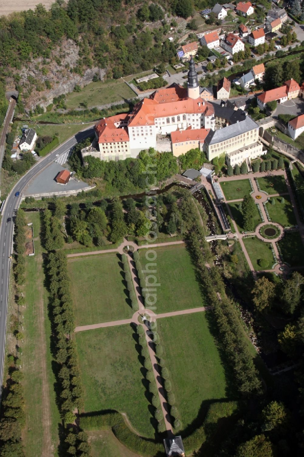 Weesenstein from above - Building complex in the park of the castle Weesenstein in Weesenstein in the state Saxony, Germany