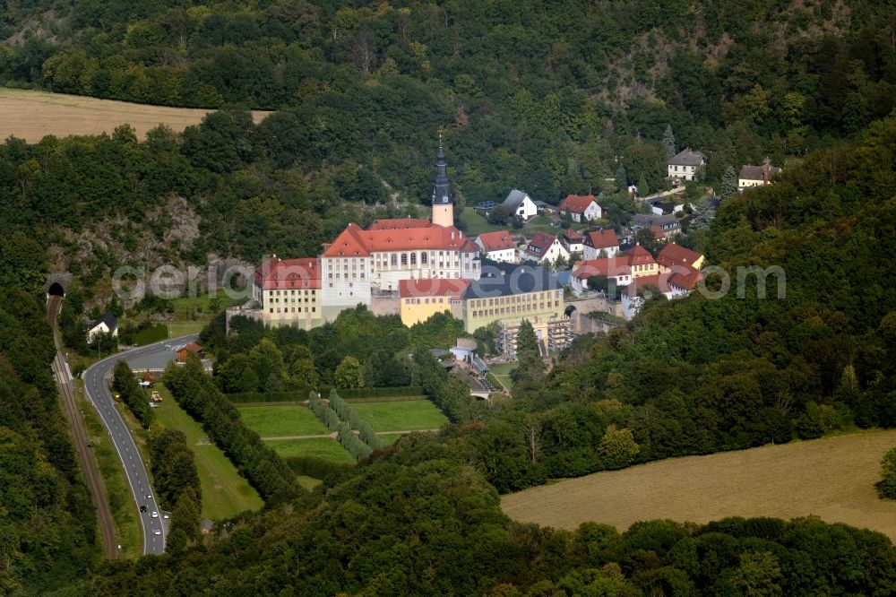 Weesenstein from the bird's eye view: Building complex in the park of the castle Weesenstein in Weesenstein in the state Saxony, Germany