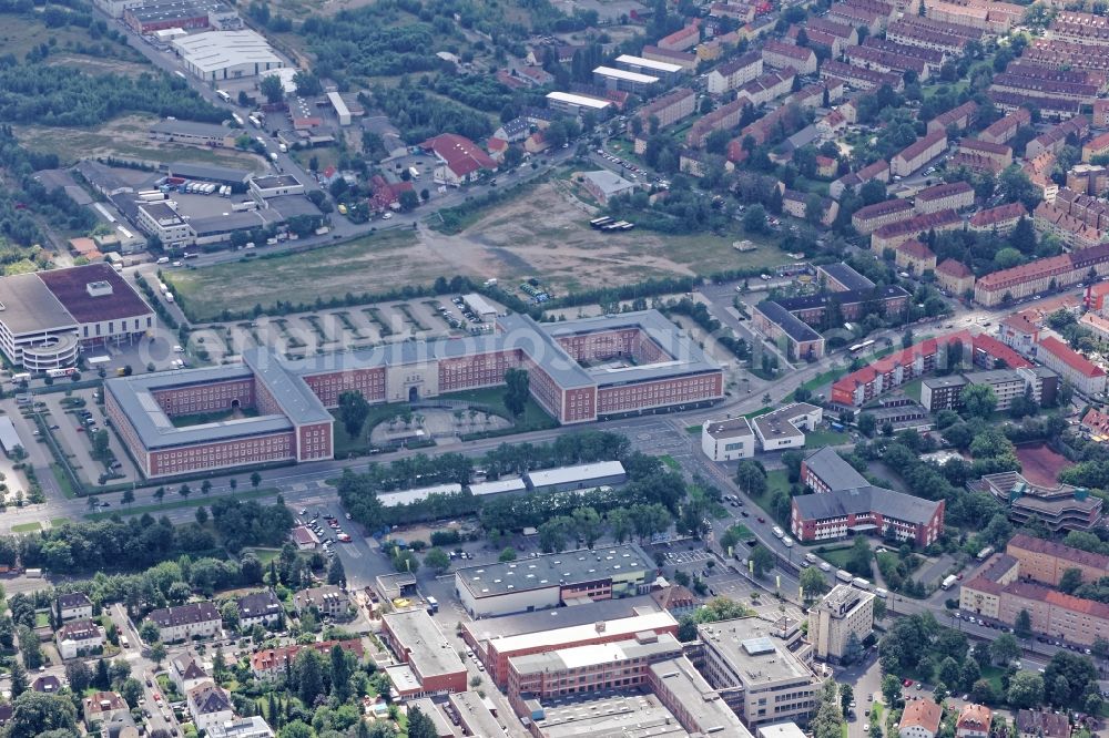 Nürnberg from the bird's eye view: Building complex of the Suedkaserne Nuremberg in the state Bavaria. The Suedkaserne in Nuremberg is also known as Merrell or SS barracks and today houses the Federal Office for Migration and Refugees, Federal Customs Administration, branches of UNHCR, IOM and the Federal Administrative Office