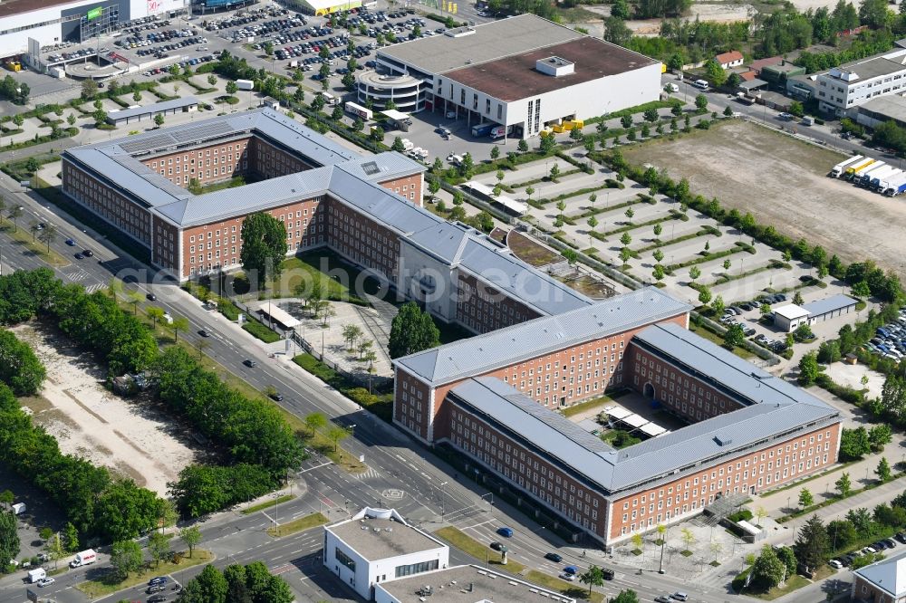 Nürnberg from above - Building complex of the Suedkaserne Nuremberg in the state Bavaria. The Suedkaserne in Nuremberg is also known as Merrell or SS barracks and today houses the Federal Office for Migration and Refugees, Federal Customs Administration, branches of UNHCR, IOM and the Federal Administrative Office