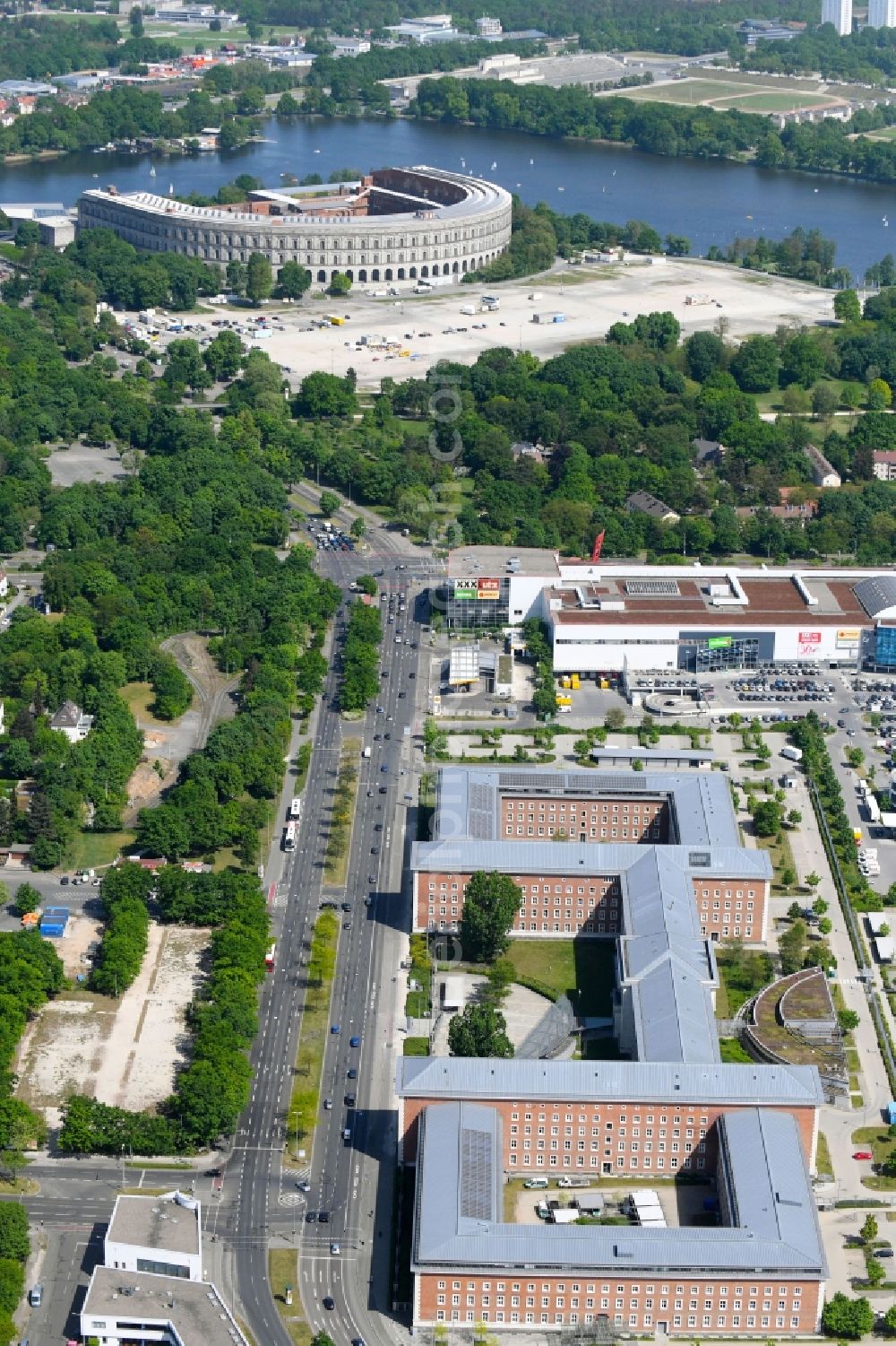 Nürnberg from the bird's eye view: Building complex of the Suedkaserne Nuremberg in the state Bavaria. The Suedkaserne in Nuremberg is also known as Merrell or SS barracks and today houses the Federal Office for Migration and Refugees, Federal Customs Administration, branches of UNHCR, IOM and the Federal Administrative Office