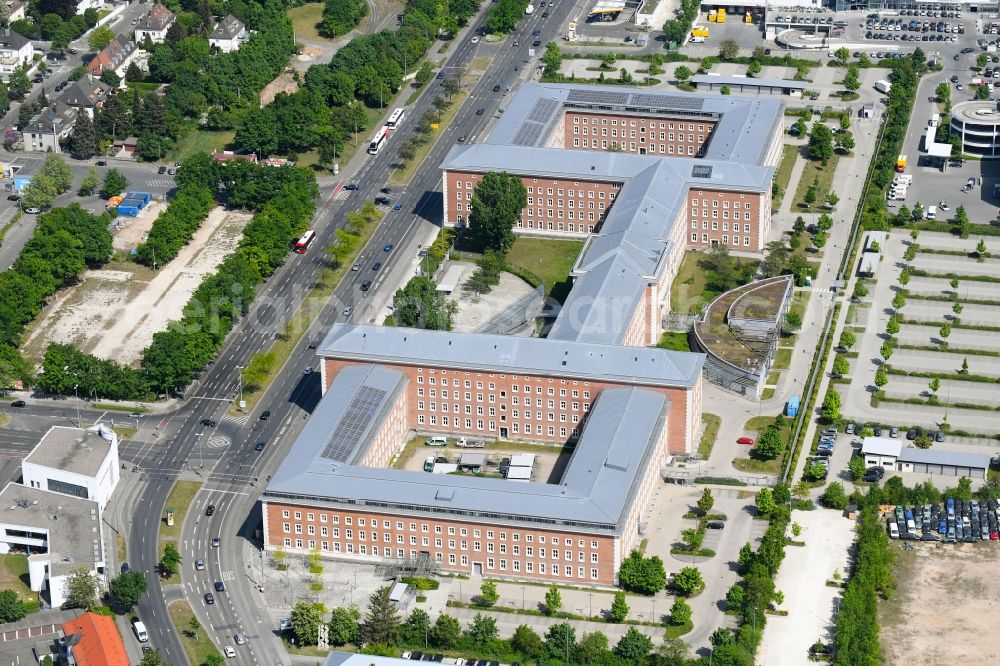 Nürnberg from above - Building complex of the Suedkaserne Nuremberg in the state Bavaria. The Suedkaserne in Nuremberg is also known as Merrell or SS barracks and today houses the Federal Office for Migration and Refugees, Federal Customs Administration, branches of UNHCR, IOM and the Federal Administrative Office