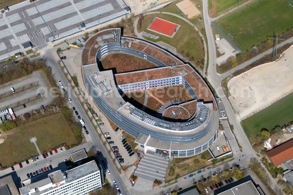 Unterföhring from above - Complex of buildings with satellite dishes on the transmitter broadcasting center Sky Media GmbH on Medienallee in Unterfoehring in the state Bavaria, Germany