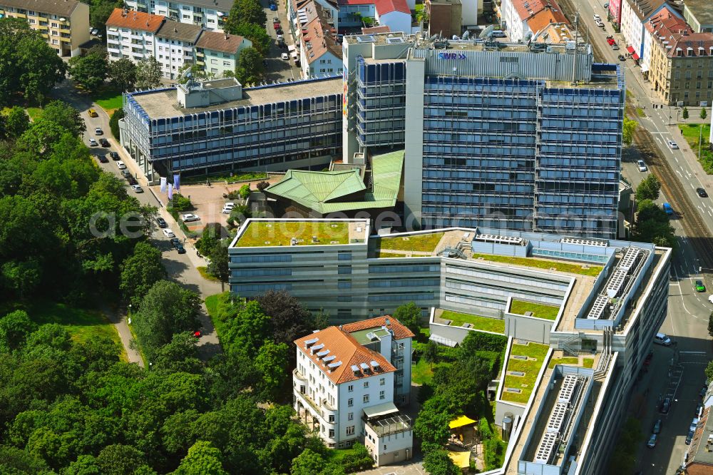 Stuttgart from the bird's eye view: Complex of buildings with satellite dishes on the transmitter broadcasting center SWR - ARD on street Neckarstrasse in the district Berg in Stuttgart in the state Baden-Wuerttemberg, Germany