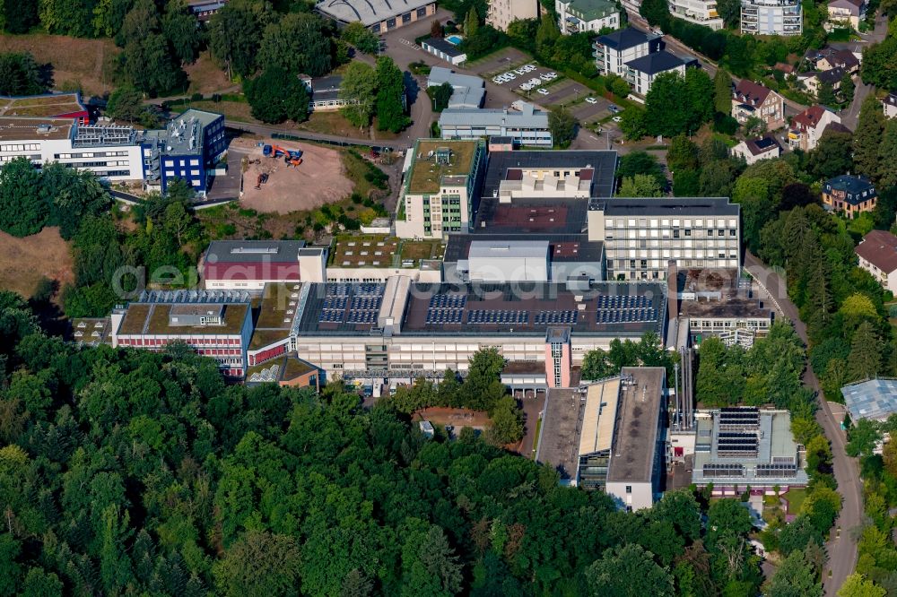 Aerial image Baden-Baden - Complex of buildings with satellite dishes on the transmitter broadcasting center SWR Funkhaus Baden-Baden on Hans-Bredow-Strasse in Baden-Baden in the state Baden-Wurttemberg, Germany