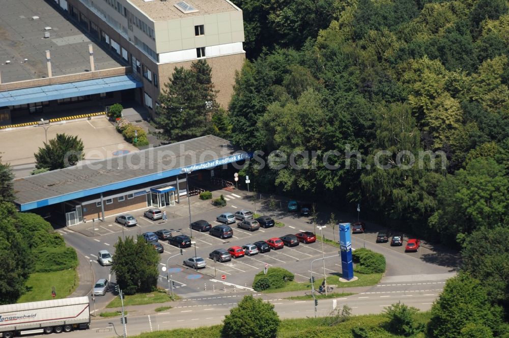 Köln from the bird's eye view: Complex of buildings with satellite dishes on the transmitter broadcasting center WDR Produktionsgelaende on Freimersdorfer Weg in the district Bocklemuend in Cologne in the state North Rhine-Westphalia, Germany