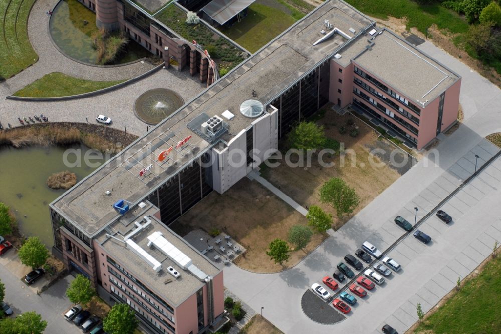 Mainz from above - Complex of buildings with satellite dishes on the transmitter broadcasting center Zweiten Deutschen Fernsehen ZDF in the district Lerchenberg in Mainz in the state Rhineland-Palatinate