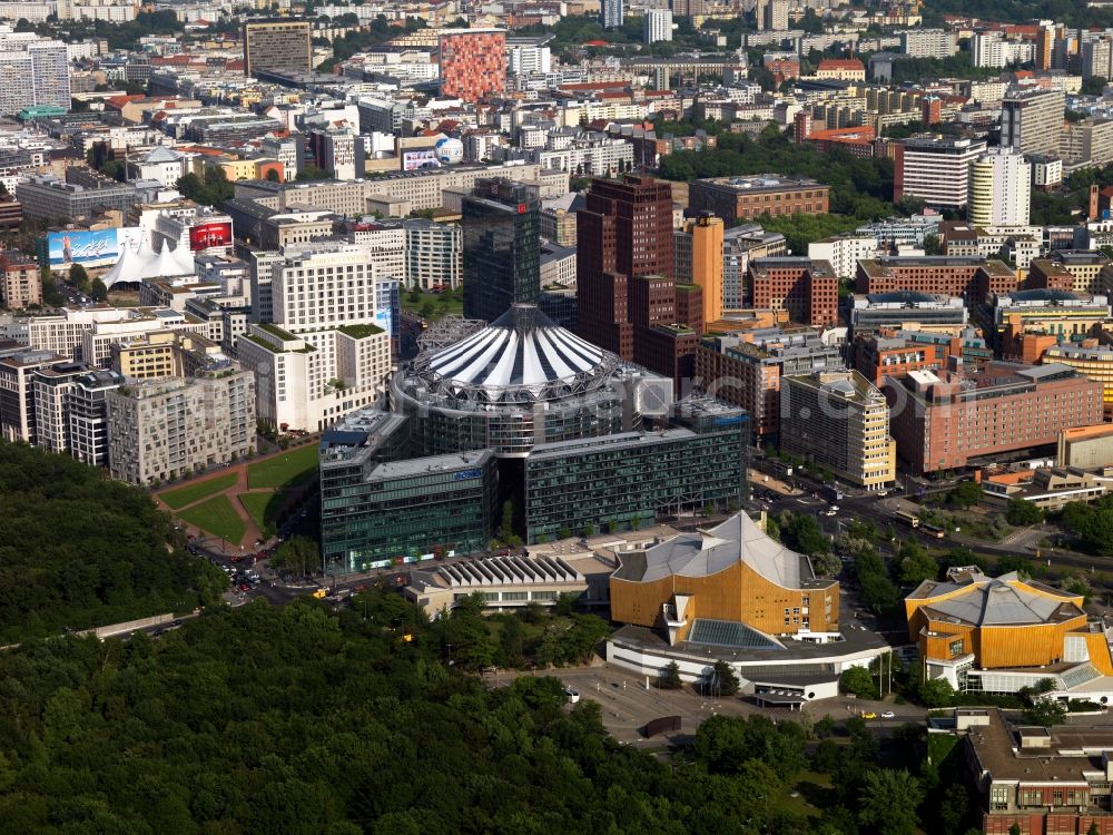 Aerial image Berlin - Complex with its high-rise building Sony Center - Bahntower at Potsdamer Platz