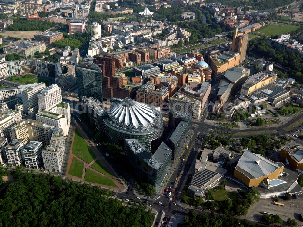 Berlin from above - Complex with its high-rise building Sony Center - Bahntower at Potsdamer Platz