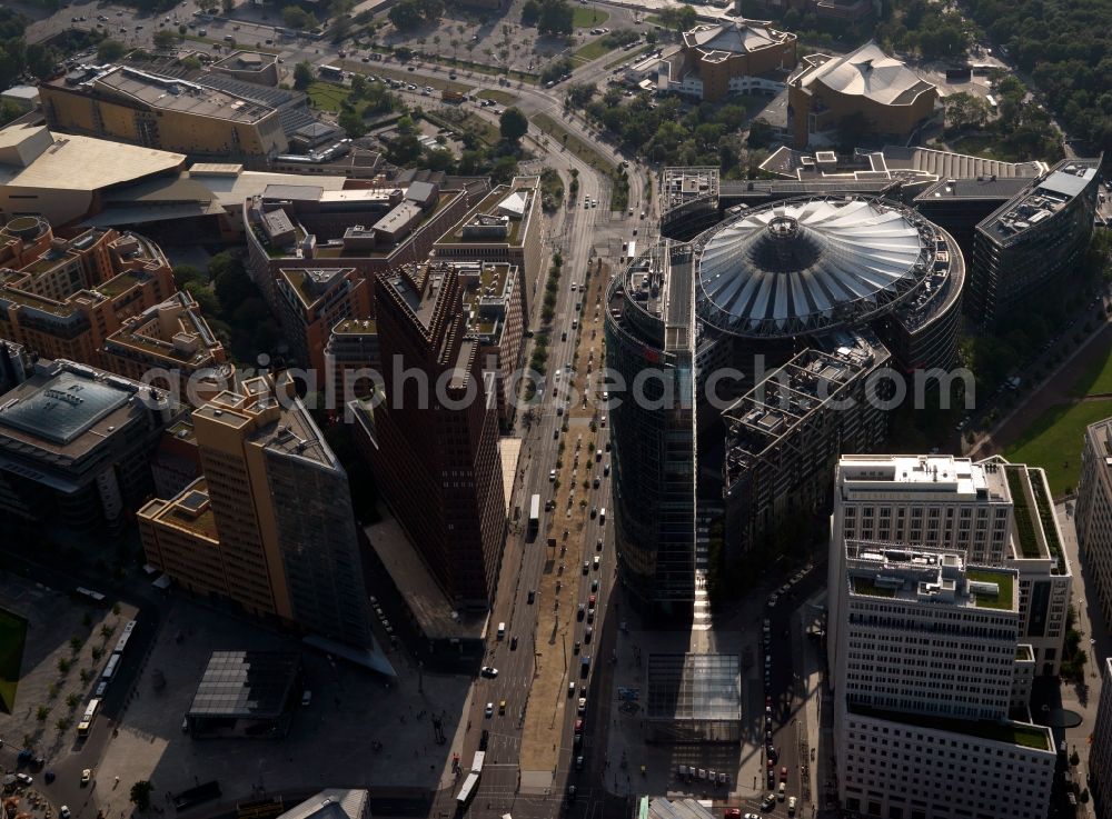 Berlin from the bird's eye view: Complex with its high-rise building Sony Center - Bahntower at Potsdamer Platz