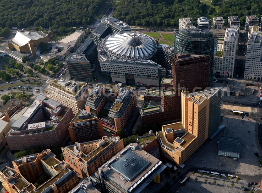 Aerial image Berlin - Complex with its high-rise building Sony Center - Bahntower at Potsdamer Platz