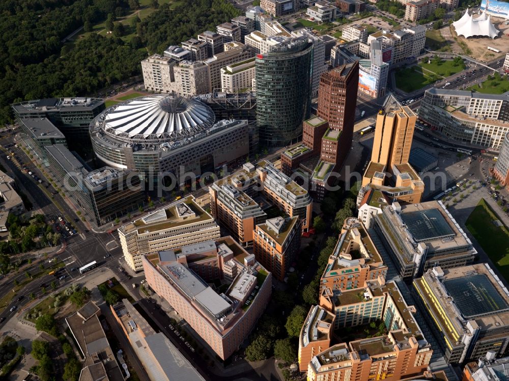 Aerial photograph Berlin - Complex with its high-rise building Sony Center - Bahntower at Potsdamer Platz