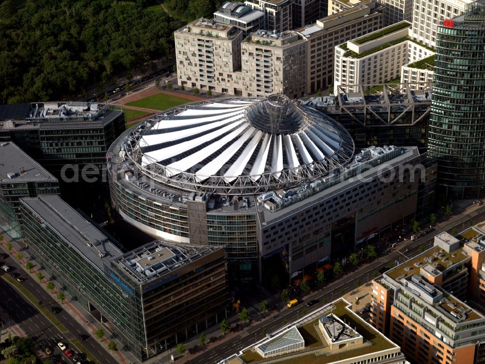 Berlin from above - Complex with its high-rise building Sony Center - Bahntower at Potsdamer Platz