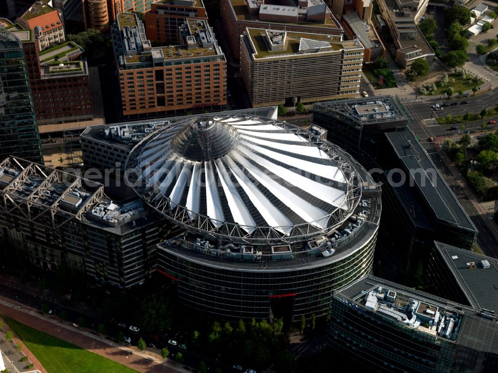 Berlin from the bird's eye view: Complex with its high-rise building Sony Center - Bahntower at Potsdamer Platz