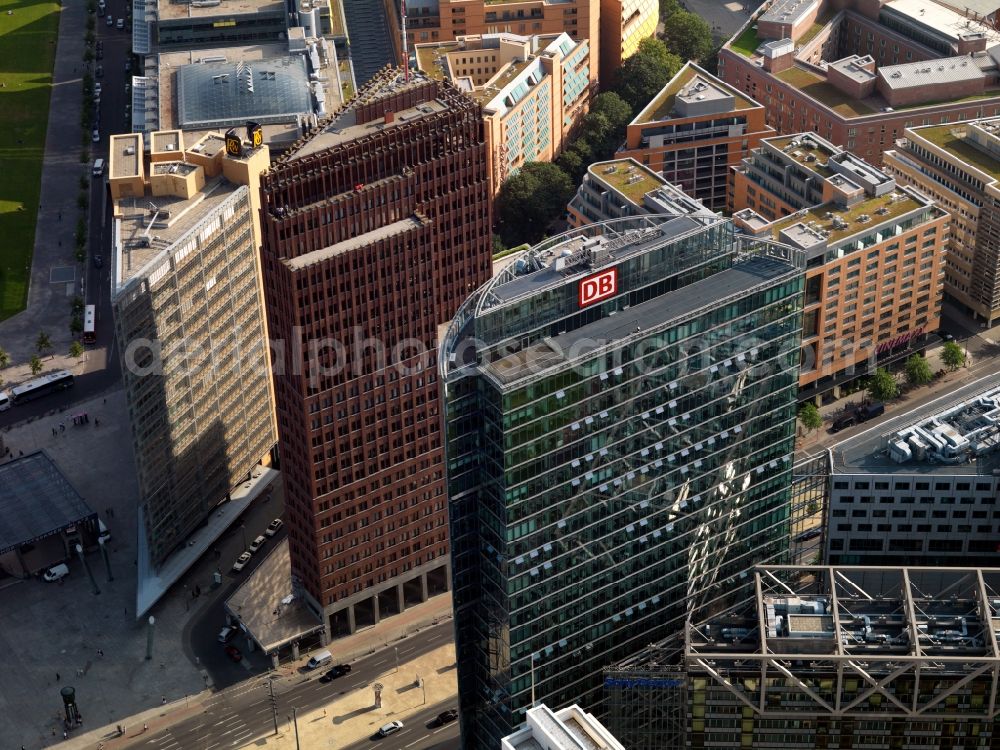 Aerial image Berlin - Complex with its high-rise building Sony Center - Bahntower at Potsdamer Platz