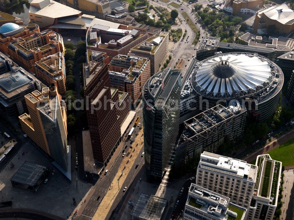 Aerial photograph Berlin - Complex with its high-rise building Sony Center - Bahntower at Potsdamer Platz