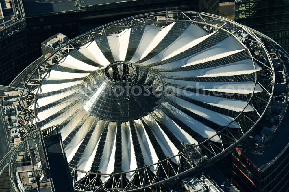 Aerial image Berlin - Complex with its high-rise building Sony Center - Bahntower at Potsdamer Platz