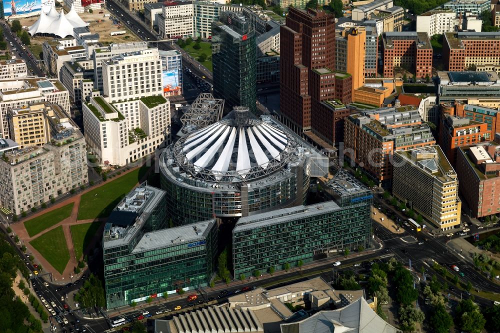 Berlin from the bird's eye view: Complex with its high-rise building Sony Center - Bahntower at Potsdamer Platz