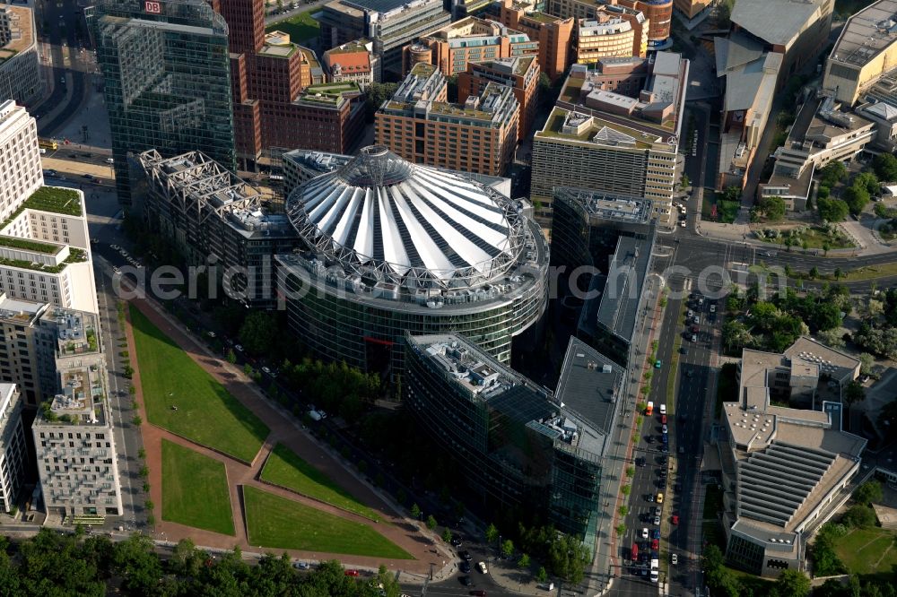 Aerial image Berlin - Complex with its high-rise building Sony Center - Bahntower at Potsdamer Platz